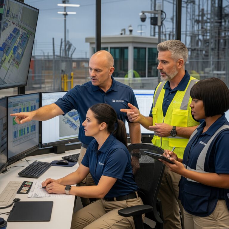 A diverse team of Redline Secure Strategies experts in work attire conducting an on-site security assessment at a power utility facility.
