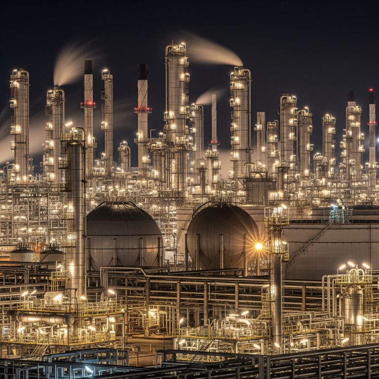 A large petrochemical facility brilliantly illuminated at night, showing a complex web of distillation towers, pipes, and spherical storage tanks.