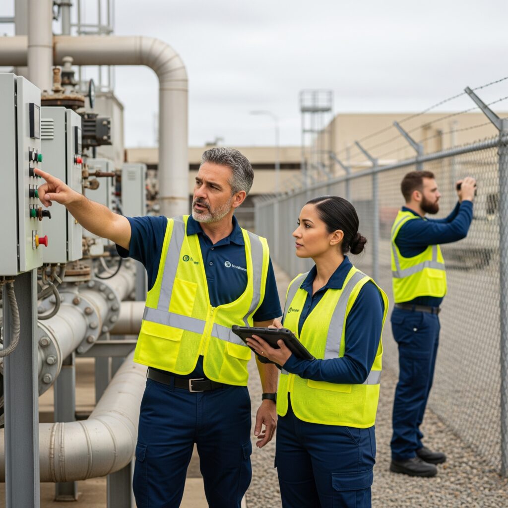 he veteran-led Redline Secure Strategies team of experts conducting a hands-on security assessment at a utility facility's control panel and perimeter fence.