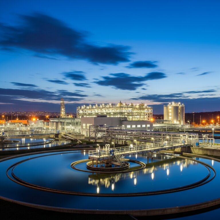 A modern water treatment facility illuminated at dusk, showing large purification basins and a complex network of industrial buildings, representing critical infrastructure.